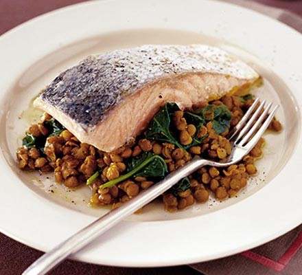 salmon and lentils on a plate